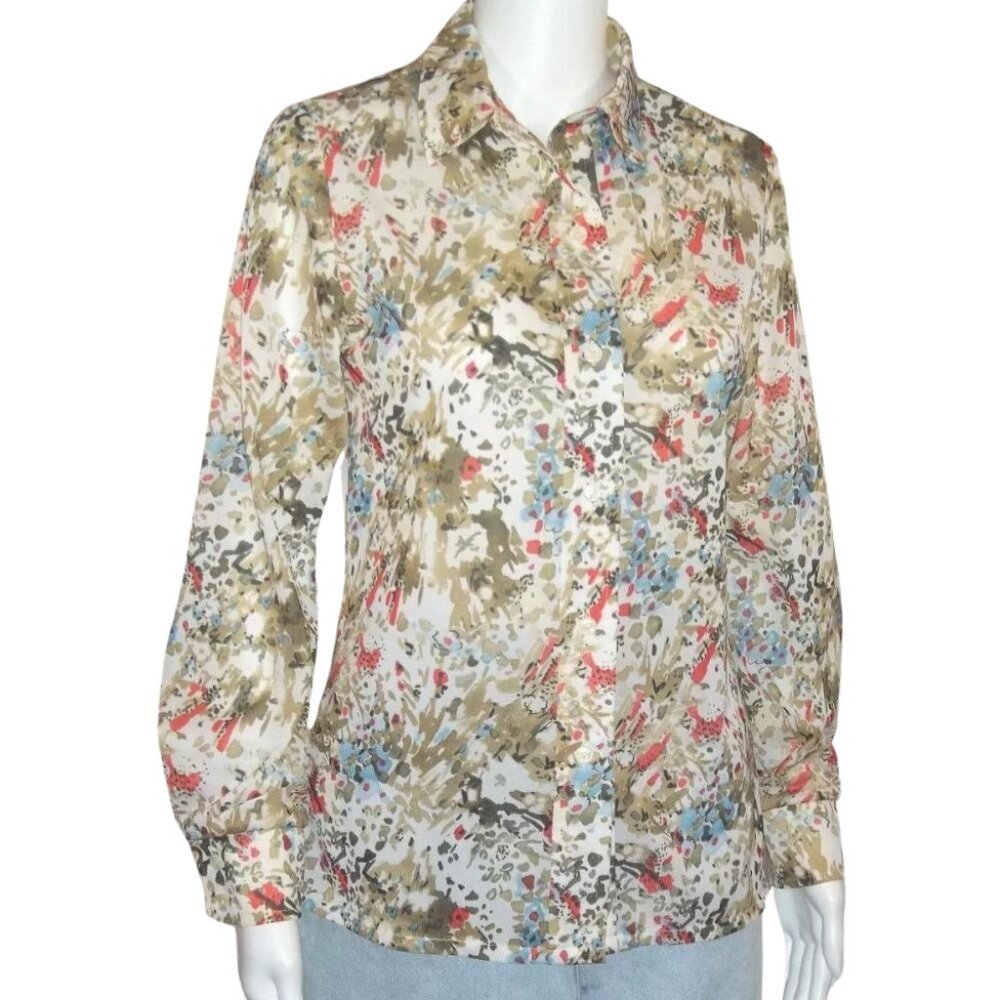 Vintage Bodini Knits Cream Abstract Color Print Long Sleeve Button Down Blouse